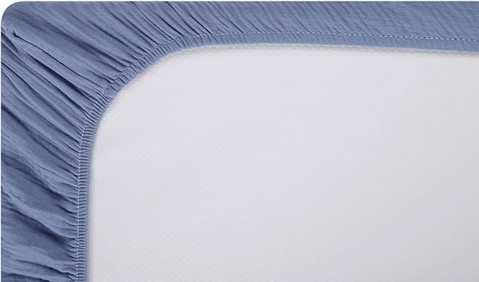 Onacosht Muslin Mini Crib Sheets, 39" x 27" Pack and Play Mattress Sheets Fitted for Pack N Play, Soft Cotton for Boys Girls, 2 Pack, Car and Solid Blue