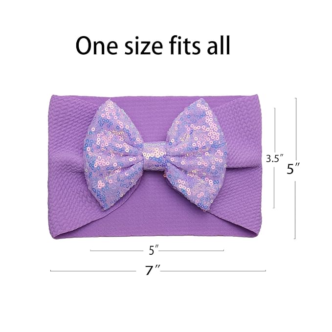 Hairband, 7" Sequin Bow Baby Headbands - Purple & Pink, Elastic Wide Hairbands for Baby Girls Newborn and Infant Hair Accessories Gift, One Size Fits All, Soft, 1 Set of 2 Pieces
