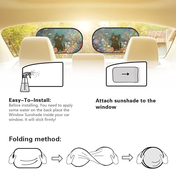Bulopur Floral Black Cat Window Shades for Car 2 Pack Side Windshield Sun Shade UV Protection Breathable Car Sunshade Side Window Universal Auto Interior Accessories
