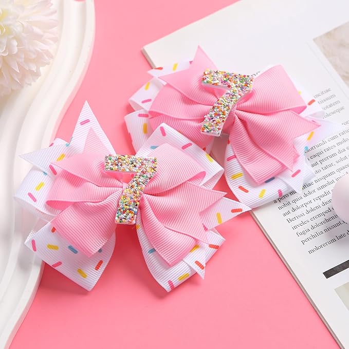 2Pcs Birthday Hair Bow for Baby Girls 2 3 4 5 6 7 Years Sprinkle Decorations Confetti Ice Cream Party Pink Pigtail Hair Accessories for Seven 7th Birthday