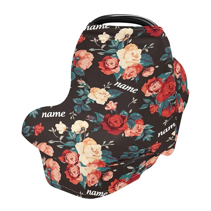 Personalized Baby Car Seat Cover for Babies, Custom Name Baby Car Seats Canopy for Girls, Nursing Breastfeeding Stroller Covers for Infant Newborn, Shower Gift (Red Flower)