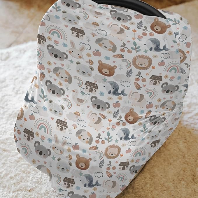 Boho Cute Watercolor Animals Baby Car Seat Covers Bear Lion Koala Bunny Whale Rainbow Floral Stretchy 5-in-1 Cover Adjustable Infant Carseat Canopy Cover Neutral Animal Breathable Nursing Cover-Up