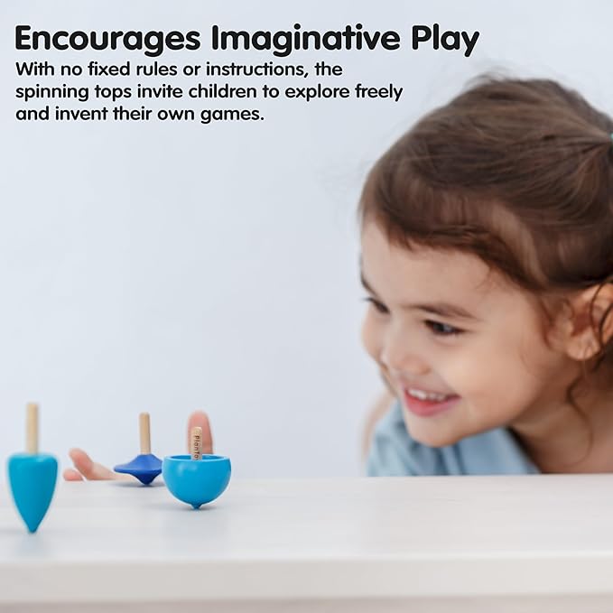 PlanToys® Mini Wooden Spinning Tops Set | 4 Colorful Eco-Friendly Montessori Toys for Toddlers | Travel Toys for Kids | Sensory Fidget Toys for Focus & Coordination