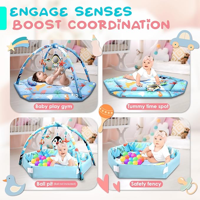 lulunemo Baby Play Mat,Tummy Time Mat with 6 Detachable Toys-Activity Gym for Visual, Auditory & Motor Development-Washable Baby Activity Mat for 0-12 Month Infants(Ocean)
