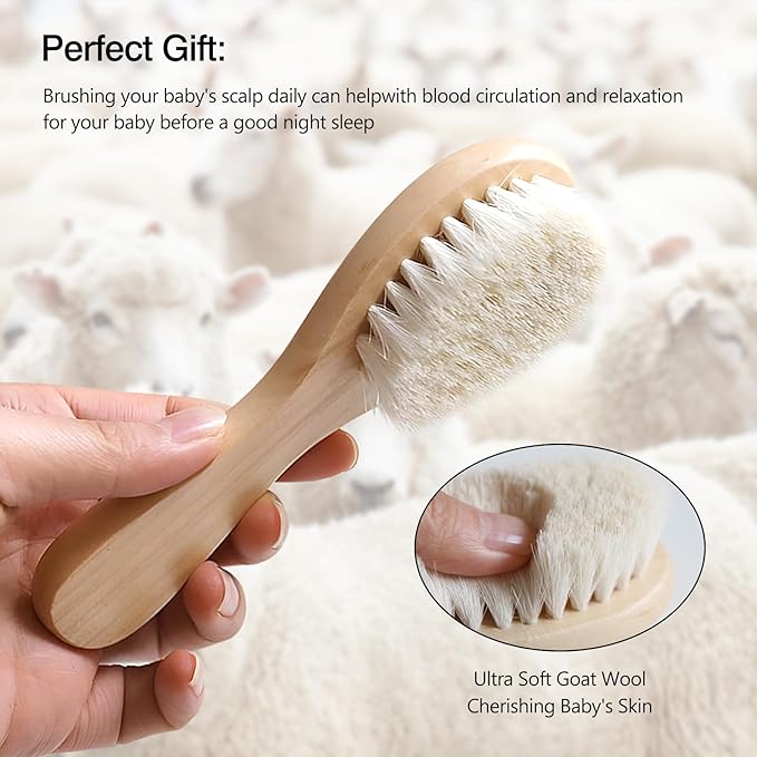 2 Pack Baby Hair Brush with Wooden Handle and Super Soft Goat Bristles for Newborns Toddlers