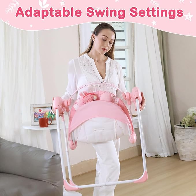Baby Swing for Baby Girl,Newborn Swing with Music,5 Speed Levels,Timing Setting,Soft Cushion,Pink Foldable Infant Swing for Indoor Outdoor Use 0-9 Months