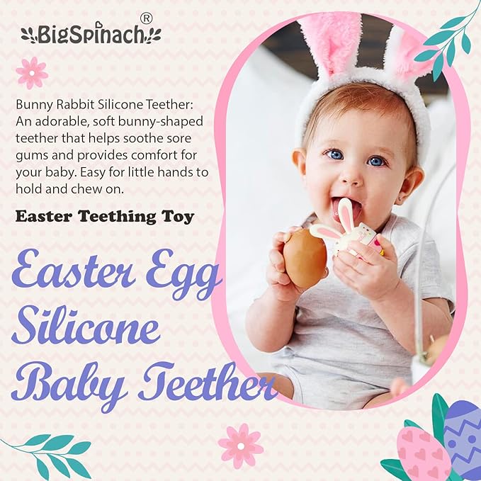 BIGSPINACH Easter Egg Baby Teether,Baby Teething Toy for Pain Relief,Silicone Bunny Rabbit Teether,Easter Gift for Babies,Sensory Toy for Boys & Girl (Pink)