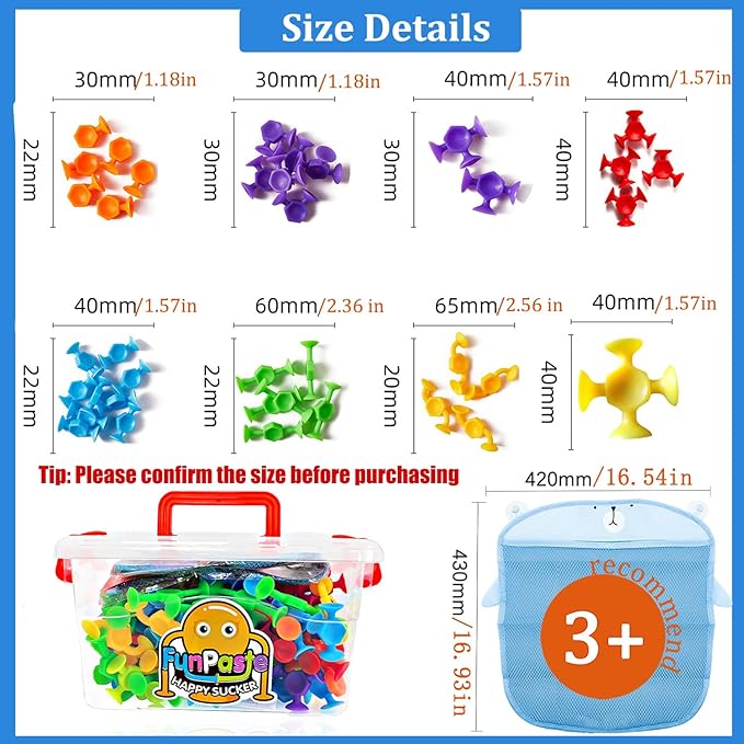 165Pcs Genius Suckers Suction Cup Toys, Bath Sensory Toys for Kids, Colorful Building Toys Party Favor Gift for 3 4 5 6 Year Old Boy Girl Toddler Travel Fidget Window Toy with Storage Organizer