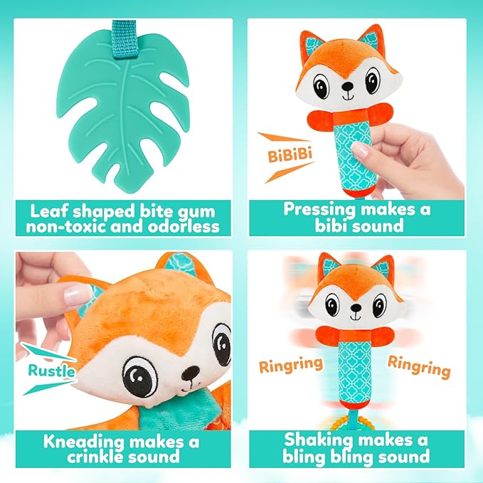 Baby Lovey Fox Stuffed Animal for Baby Boys and Girls, Security Blanket and Hand Shaker Set Newborn Stuffed Hanging Animal Plush Snuggle Toy Baby Showers Thank You Gifts