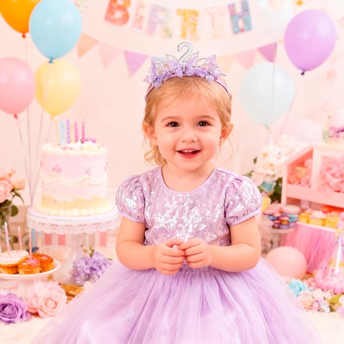 cherrboll Baby Girl Birthday Crown Floral Headband, Soft Flower Head Wrap Tiara Hairband for 1-3 Years Old Toddlers Kids 2nd Birthday Party Dress Photo Decoration