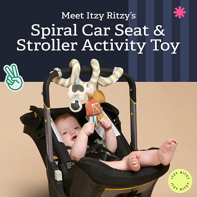 Itzy Ritzy Spiral Car Seat & Stroller Activity Toy - Stroller & Car Seat Toys for Ages 0 Months and Up - Hanging Toys Include Dangling Ring, Mirror and Textured Ribbons (Farm)