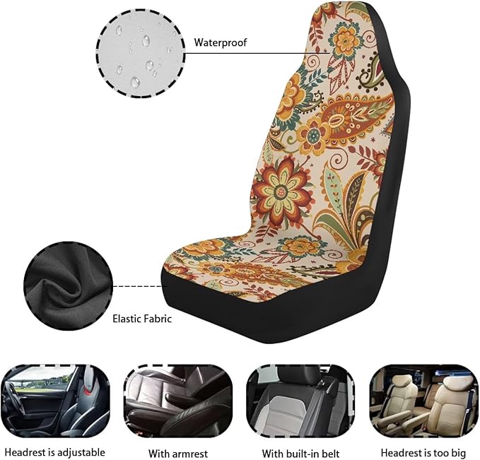 Boho Floral Car Seat Covers 2 Pcs Stretch Polyester Fabric Cover Waterproof Car Seat Cover Easy Installation Universal Size Fit for Most Cars SUVs Trucks Vans