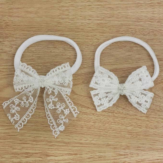 Nihao Baby Off White Lace Bow Small Baptism Headband for Baby Girls -2 PCS
