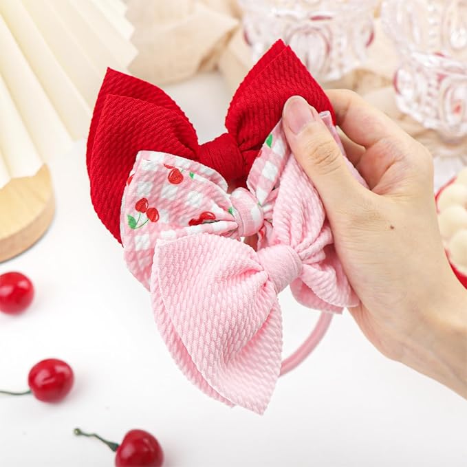 3 Pcs Baby Girl Headbands 4.5’’ Pink Bows Cherry Hair Accessories Summer Outfits for Newborn Infant Toddler Girls Clothes