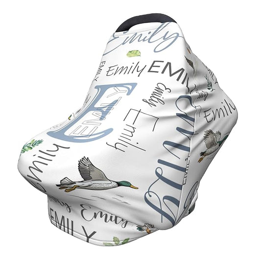 Personalized Car Seat Covers with Name, Mallard Duck Baby Canopy Carrier Cover, Breathable Breastfeeding Nursing Cover, Stretchy Multi-Use Infant Carseat Stroller Cover