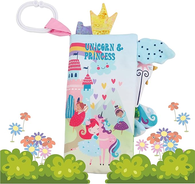 bebe mondo Unicorn Baby Books 0-6 Months Toys 6 to 12 Months, Touch Feel Cloth Crinkle Books for Babies,Infants, Soft Sensory Stroller Toys, Easter Baby Gifts Shower Items, Chweing Book (Princess)