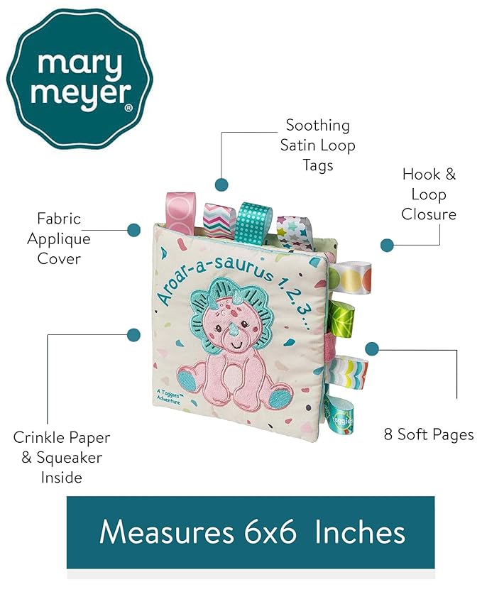 Taggies Soft Cloth Book with Crinkle Paper & Squeaker, 6 x 6-Inches, Aroar-a-Saurus