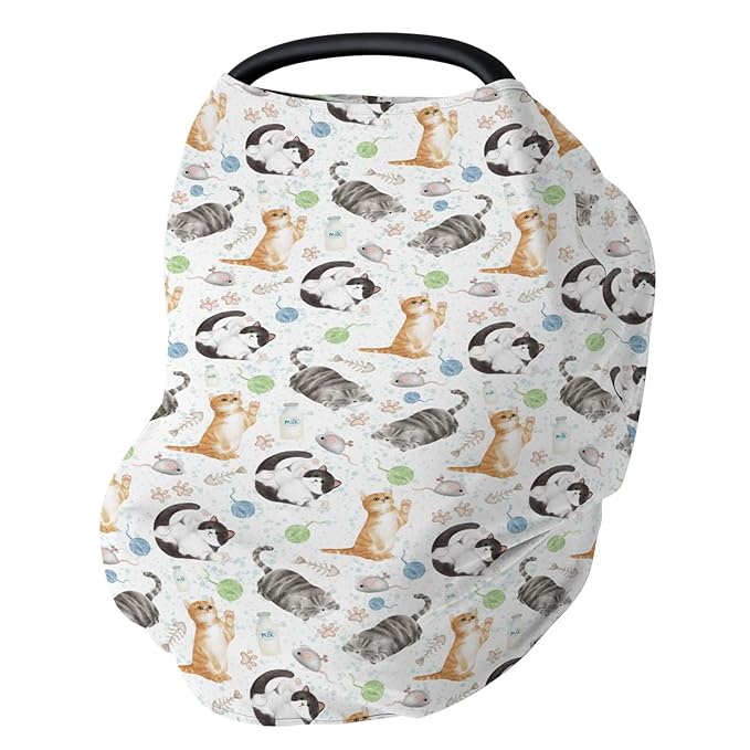 Cute Cat Baby Car Seat Covers Watercolor Cat Paws Mouse Toy Balls Neutral Stretchy 5-in-1 Cover Adjustable Infant Carseat Cover Canopy Cats Lovers Gift Breathable Nursing Cover-Up