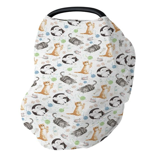 Cute Cat Baby Car Seat Covers Watercolor Cat Paws Mouse Toy Balls Neutral Stretchy 5-in-1 Cover Adjustable Infant Carseat Cover Canopy Cats Lovers Gift Breathable Nursing Cover-Up