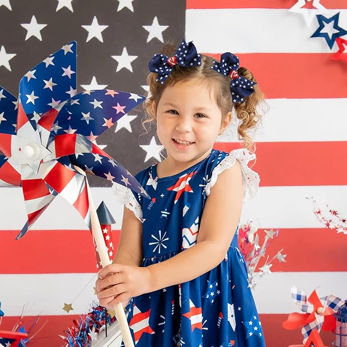 YanJie 2pcs 4th of July Hair Clips 4'' Navy Blue Bow White Stars Baby Girls Clip American Flag Hair Bow Patriotic Accessories Independence Day