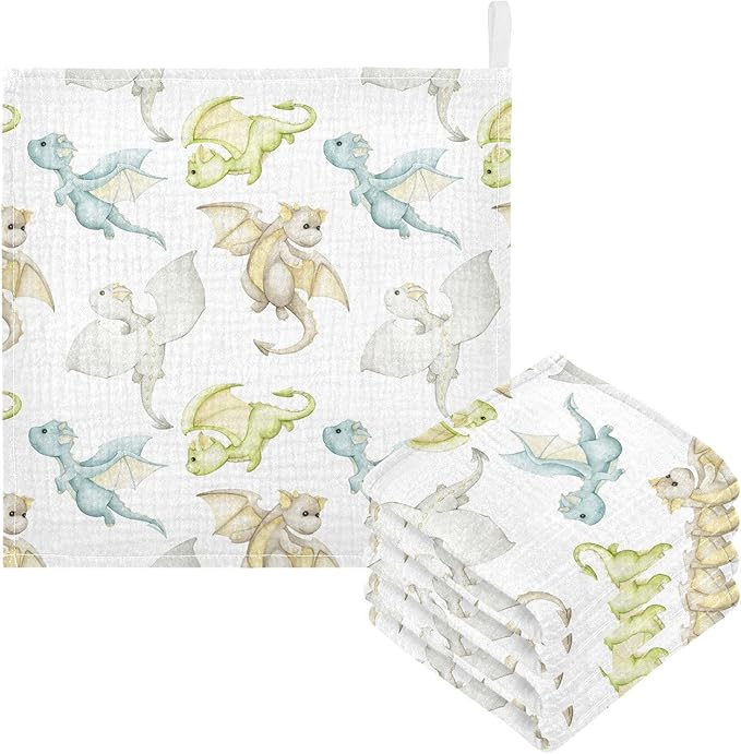 vvfelixl Baby Muslin Washcloths Watercolor Dragons Cartoon Style Baby Burp Cloths Cotton Baby Face Towel for Newborn Infants Boys Girls Soft and Absorbent 11.8 X 11.8 in, 3 Pack