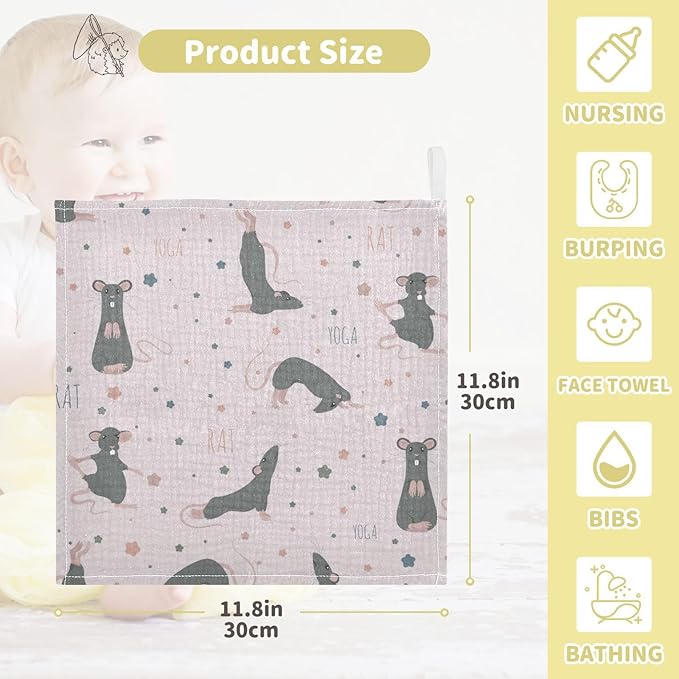 vvfelixl Baby Muslin Washcloths Rat Yoga Poses Baby Burp Cloths Cotton Baby Face Towel for Newborn Infants Boys Girls Soft and Absorbent 11.8 X 11.8 in, 3 Pack