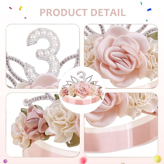 cherrboll Flower Headband Birthday Crown for Girl, Floral Nylon Hairband for 1-3 Years Old Toddler, 3rd Birthday Party Dress Photo Decoration Hair Accessory