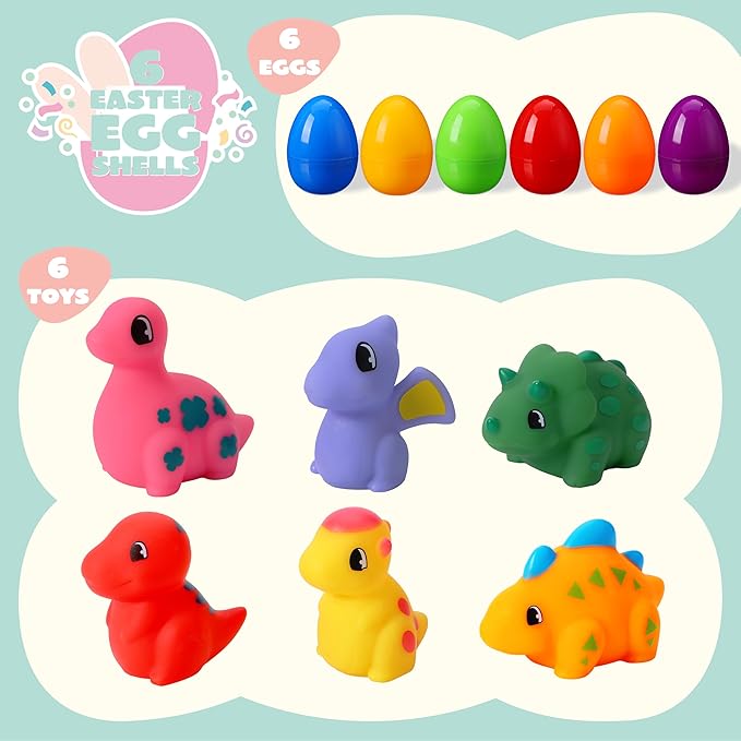 JOYIN 6 Pcs Pre-Filled Easter Eggs with Light-up Floating Dinosaur Bath Toys for Kids Toddlers Easter Eggs Hunt, Basket Stuffers/Fillers, Party Favor, Classroom Prize Supplies