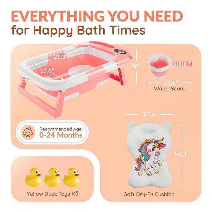 Collapsible Baby Bathtub for Newborn Infant Girl & Boy 0-24 Months, Foldable Portable Bathtub with Thermometer, Heat Sensor, Drain Plug, Water Scoop, Unicorn Cushion Pillow, Travel Bath Tub for Shower