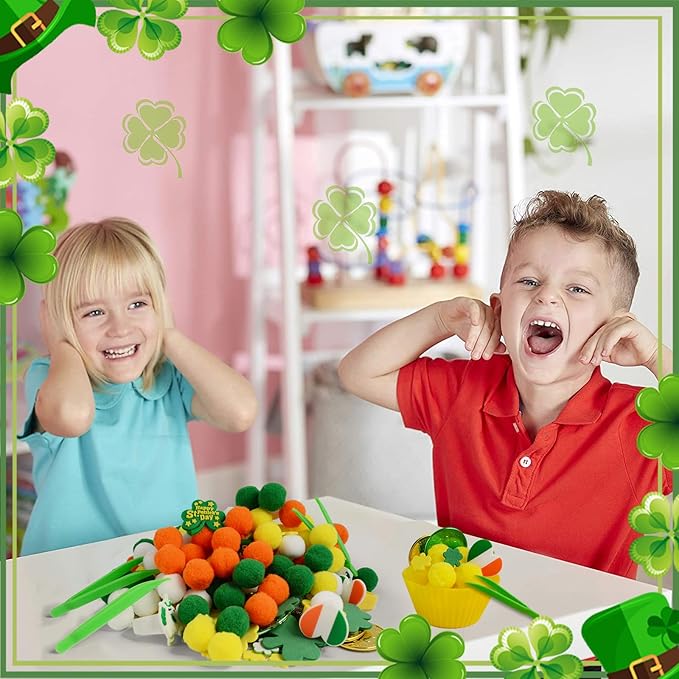 248 Pcs St. Patricks Day Sensory Bin Filler Fine Motor Toys Green Sensory Bin Items 120 Pompoms 80 Lucky Shamrocks Foam 30 Lucky Coins 6 Rings St. Patrick's Decor for Counting Sorting