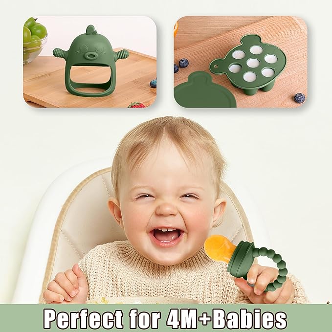6-in-1 Baby Fruit Feeder Pacifier & Baby Food Feeder Set – Silicone Breastmilk Popsicle Mold with Freezer Tray, Teething Relief Toy, BPA Free Infant Feeder, 3 Sizes (S/M/L) Sacs (Olive Green)