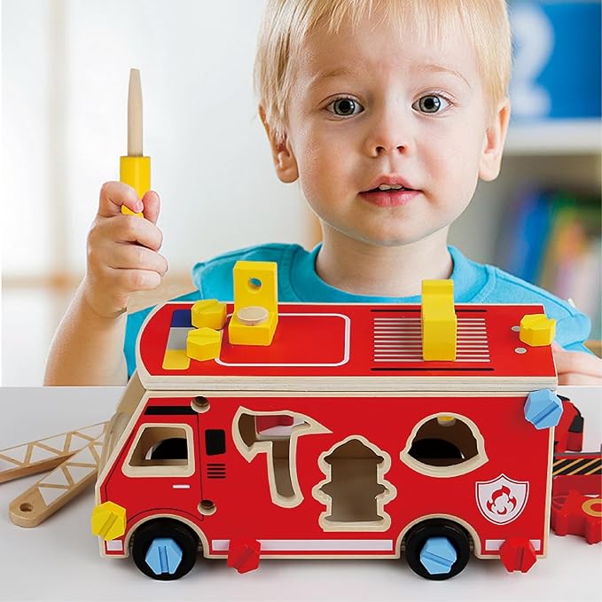 LOVELAND Wooden Fire Truck Toy – Take-Apart STEM Vehicle with Firefighter Tools & Shape Sorting, Montessori Educational Gift for Toddlers Boys Girls Ages 3+