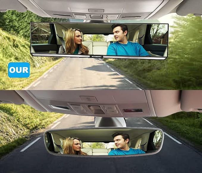 Kitbest Rear View Mirror - Interior Clip On Panoramic to Reduce Blind Spot - Universal Wide Angle for Cars, SUV, Trucks - Flat - Bonus 2 PCS Blind Spot Mirrors