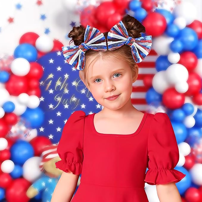 4th of July Bow Hair Clips for Girls Glitter Hair Accessories 5” Big Bows Hairpin Baby Barrettes Sequins Cheer Bows Red Blue Stripes 2 Pcs