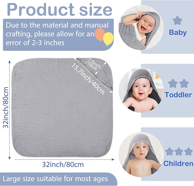 Peryiter 4 Pcs Muslin Hooded Baby Towels, 32"x 32" Cotton Newborn Bath Towel Muslin Infant Baby Blankets Absorbent Unisex Newborn Registry Gift Essentials for Girls Boys (Green,Gray,Brown,Blue)