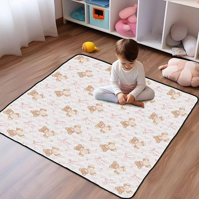 Baby Play Mat Animal Bear Pink Ribbon Bow 50 x 50 Playpen Mat Baby Play Mats for Floor Play Gym Crawling Mat Non-Slip Cushioned Baby Playmat for Infants, Babies, Toddlers