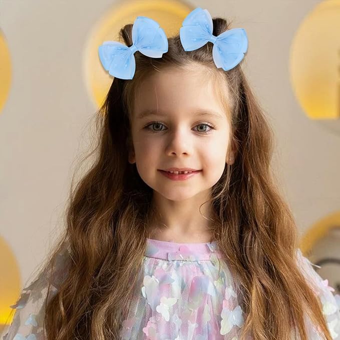 Tiny 3 Inch Dot Organza Double Hair Bow Clips - Cute Lined Boutique Alligator Hairpin for Girls, Toddlers, and Little Teens - Kids Barrettes Set of 2 Small Stylish (Light Blue)