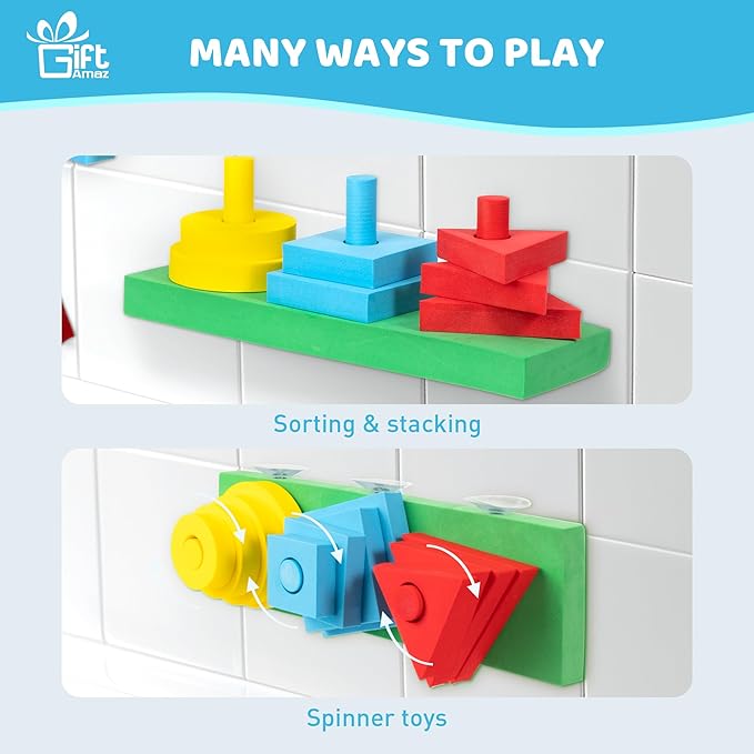 GiftAmaz 3-in-1 Bath Toys for Toddlers 1-3, Mold Free Foam Sorting & Stacking Sensory Toys - Suction Cup, Shape Color Size Learning Water Toy, Montessori Baby Bathtub Wall Toy for Kids Ages 1-3 2-4