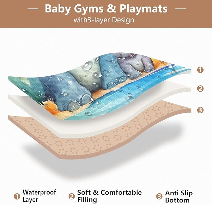 Hippo Family Baby Play Mat 50" x 50", Playmat for Playpen, Thicken Soft Padding Foam Crawling Mat for Babies Toddlers Infants