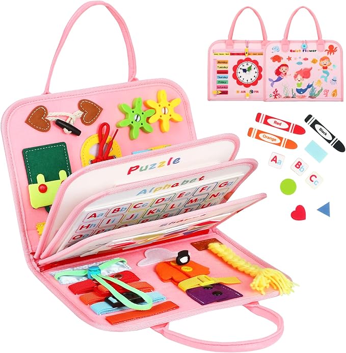 8 in 1 Toddler Busy Board for 1 Years Old, Montessori Toy Busy Book for Toddlers 1-3 Educational Sensory Toy Activity Basic Motor Skills, Kid Airplane Travel Essential 2-4 Yr Birthday Gift for Girl