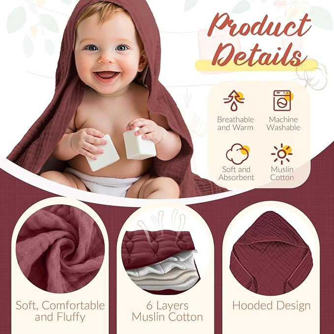 VitalCozy 12 Pcs Baby Muslin Hooded Bath Towels and Washcloths Muslin Cotton Hooded Baby Towels Absorbent Blankets for Gift Newborn Infant Shower (32 x 32 Inch,Multicolor)