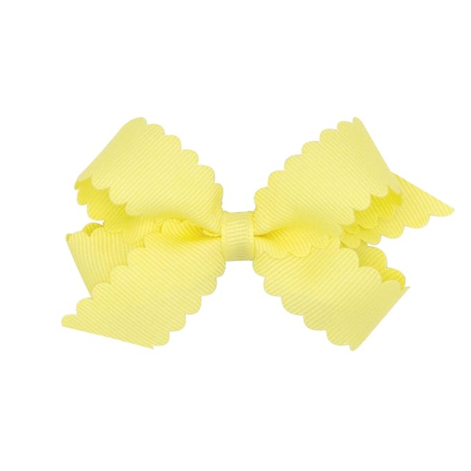 Wee Ones Girls' Classic Grosgrain Hair Bow with Scalloped Edges, No-Slip Hair Clip, Handmade, Light Yellow, Mini