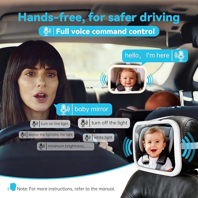Baby Car Mirror with Remote Control Light, Shatterproof, 360° Adjustable Wide View with Night Vision, Easy Install for Rear Facing Infant Backseat (Voice gradient white)