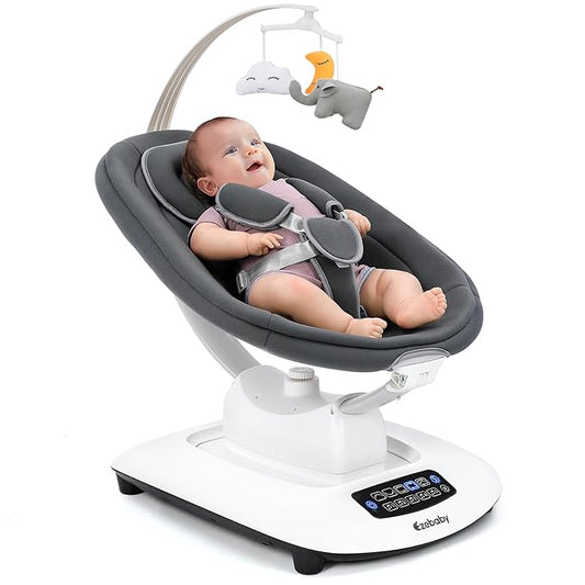 Ezebaby Electric Baby Swing for Infants with 5 Unique Motions, 5 Speeds, Lullabies, Bluetooth Enabled, Smart Baby Swings for Newborn with 5-Point Harness & Remote Control for 0-9 Months, Grey