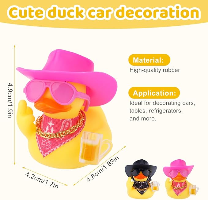 2pcs Funny Rubber Ducks for Dashboard, Cute Car Rubber Cool Duck Ornament with Mini Glasses Hat Scarf Accessories Decor for Home Office Refrigerator Decoration (Pink, Black)
