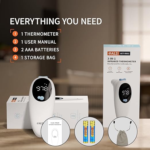 @AL21 3-in-1 Baby Thermometer, Ear Thermometer for Adults, Kids, and Baby - Digital Forehead, Ear & Object Fever Thermometer with 32 Memory Recalls, 1s Instant Accuracy, High Temp Beep Alert