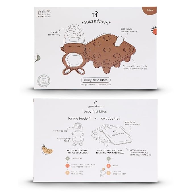 Moss and Fawn Baby's First Bites Bundle - Silicone Frozen Breast Milk Popsicle Kit with Forage Feeder & Teething Popsicle Ice Cube Tray - BPA, PVC, & Lead-Free - Foliage