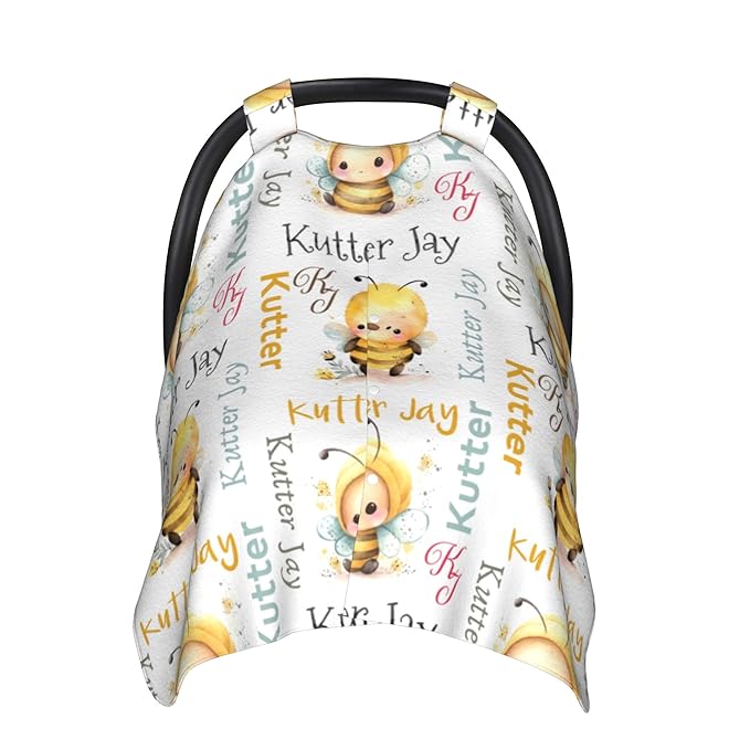 Personalized Winter Carseat Cover for Baby Custom Name Car Seat Canopy for Newborn Baby Boys Girls 2 in 1 Mom Nursing Breastfeeding Covers Bee Minky Baby Carrier Stroller Covers