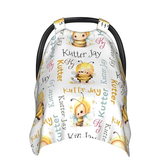 Personalized Winter Carseat Cover for Baby Custom Name Car Seat Canopy for Newborn Baby Boys Girls 2 in 1 Mom Nursing Breastfeeding Covers Bee Minky Baby Carrier Stroller Covers