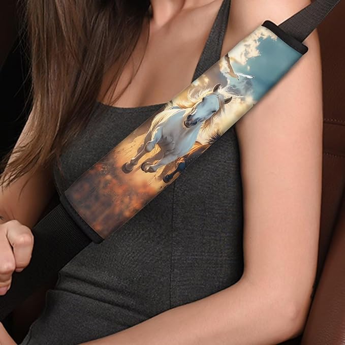 Car Seat Belt Cover Pad,Running Horse Print Soft Comfortable Shoulder Seatbelt Pads Cushions for Adults and Children Standard Size Car Interior Decor